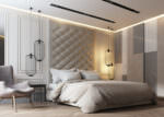 светлая спальня с мягими панелями в изголовье кровати