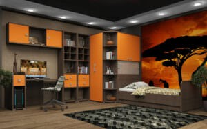мебель оранжевого цвета в комнате для мальчика