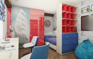 дизайн детской мебели в красном и синем цветах