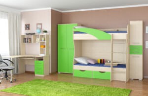 двухярусная кровать зеленого цвета в детской