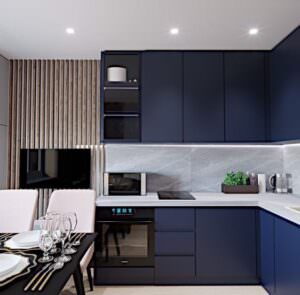 синяя угловая кухня с телевизором